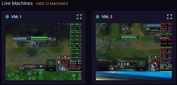 Showcase of how every lol leveling bot is displayed on the dashboard